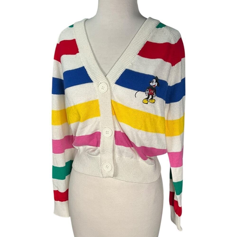 Disney Mickey Mouse Striped Cardigan Sweater Rainbow Knit Button XS Nostalgic